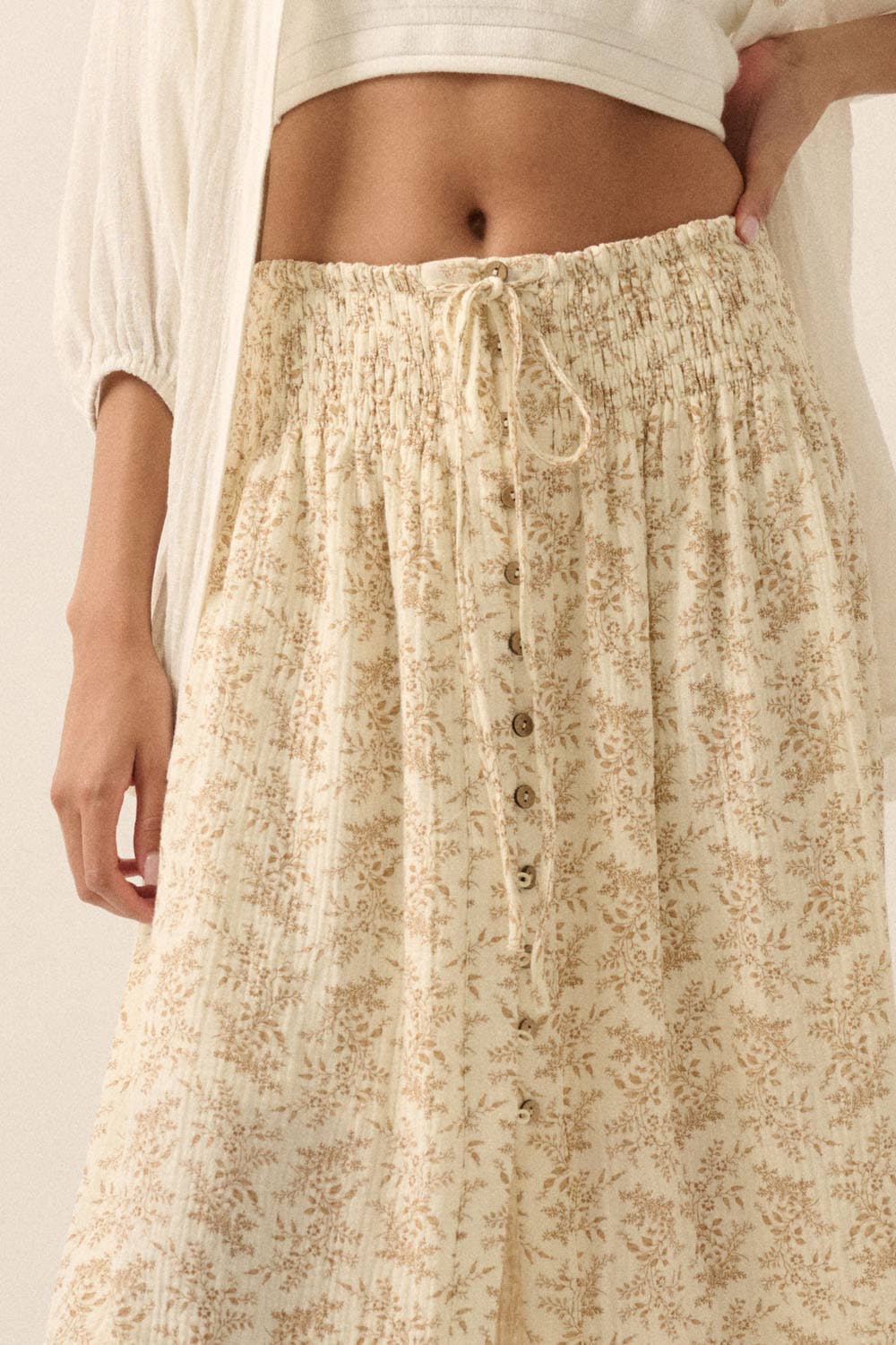 Annabelle- Floral Print Crinkle Cotton Buttoned Maxi Skirt