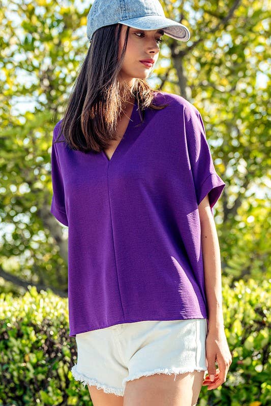 Olivia V-Neck Folded Short Sleeve Top-GD