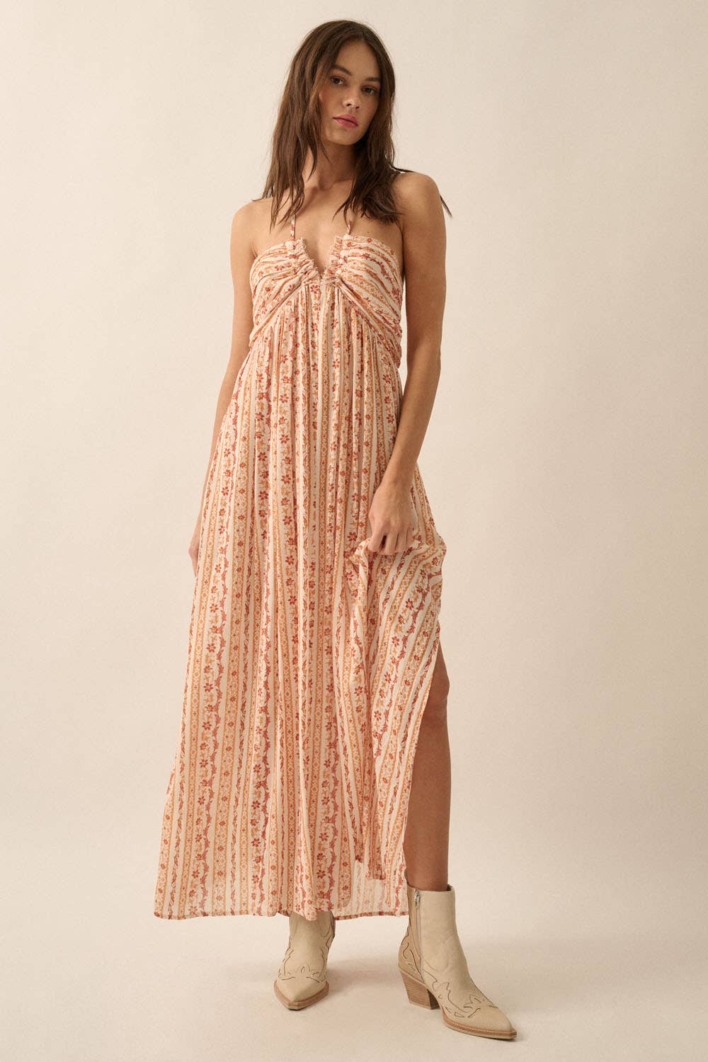 Gigi Floral-Stripe Tie-Back Maxi Halter Dress