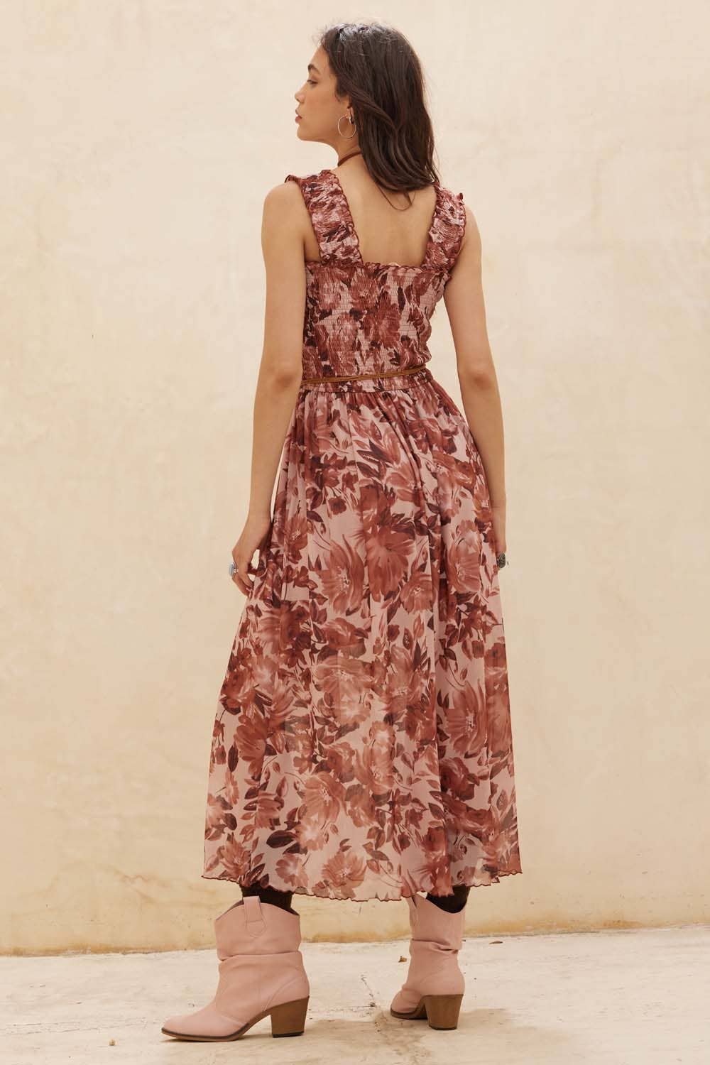 Caroline Floral Mesh Fit-and-Flare Smocked Midi Dress