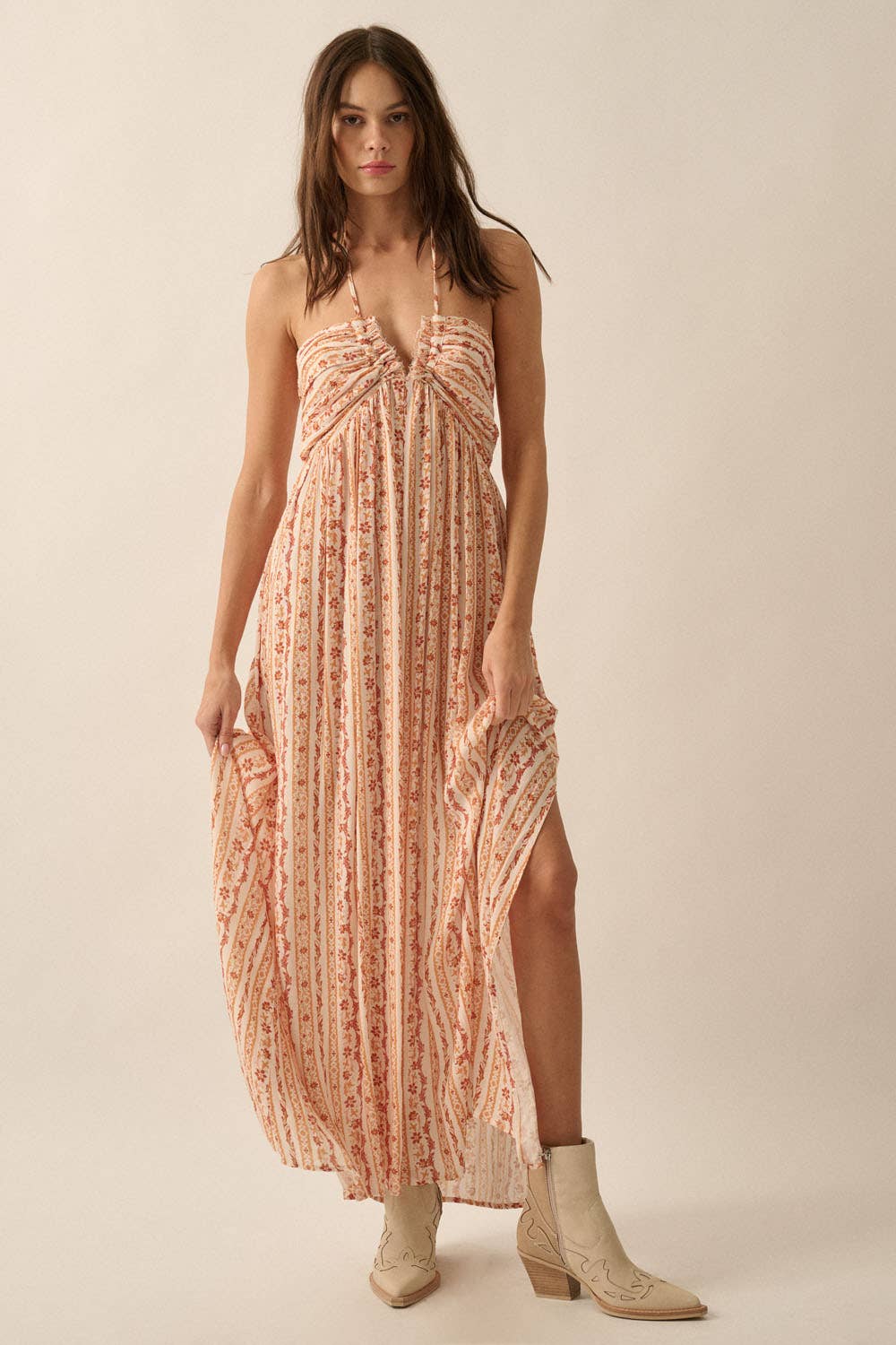 Gigi Floral-Stripe Tie-Back Maxi Halter Dress