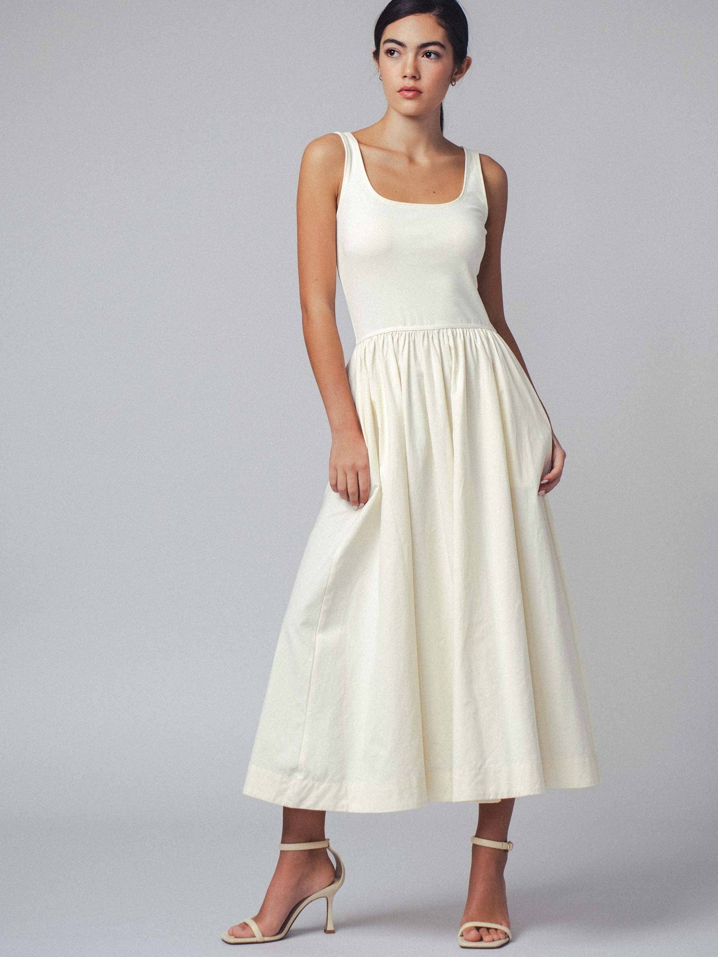 Erica - Square Neck Cotton Blend Gathered Waist Midi Dress