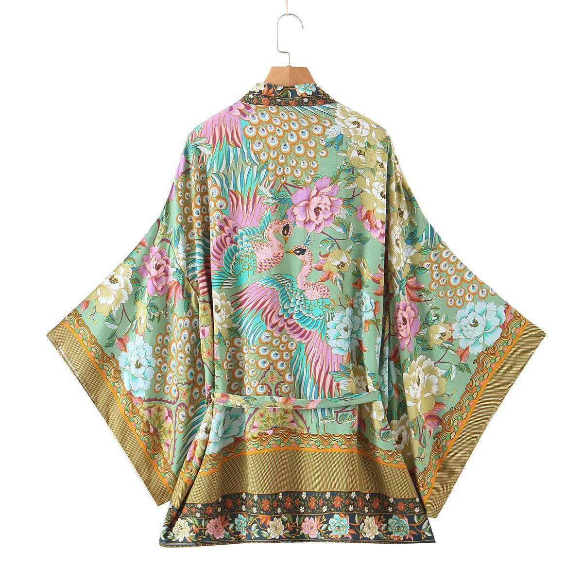 Vivian Vibrant Boho Beach Peacock Print Tie-Waist Kimono