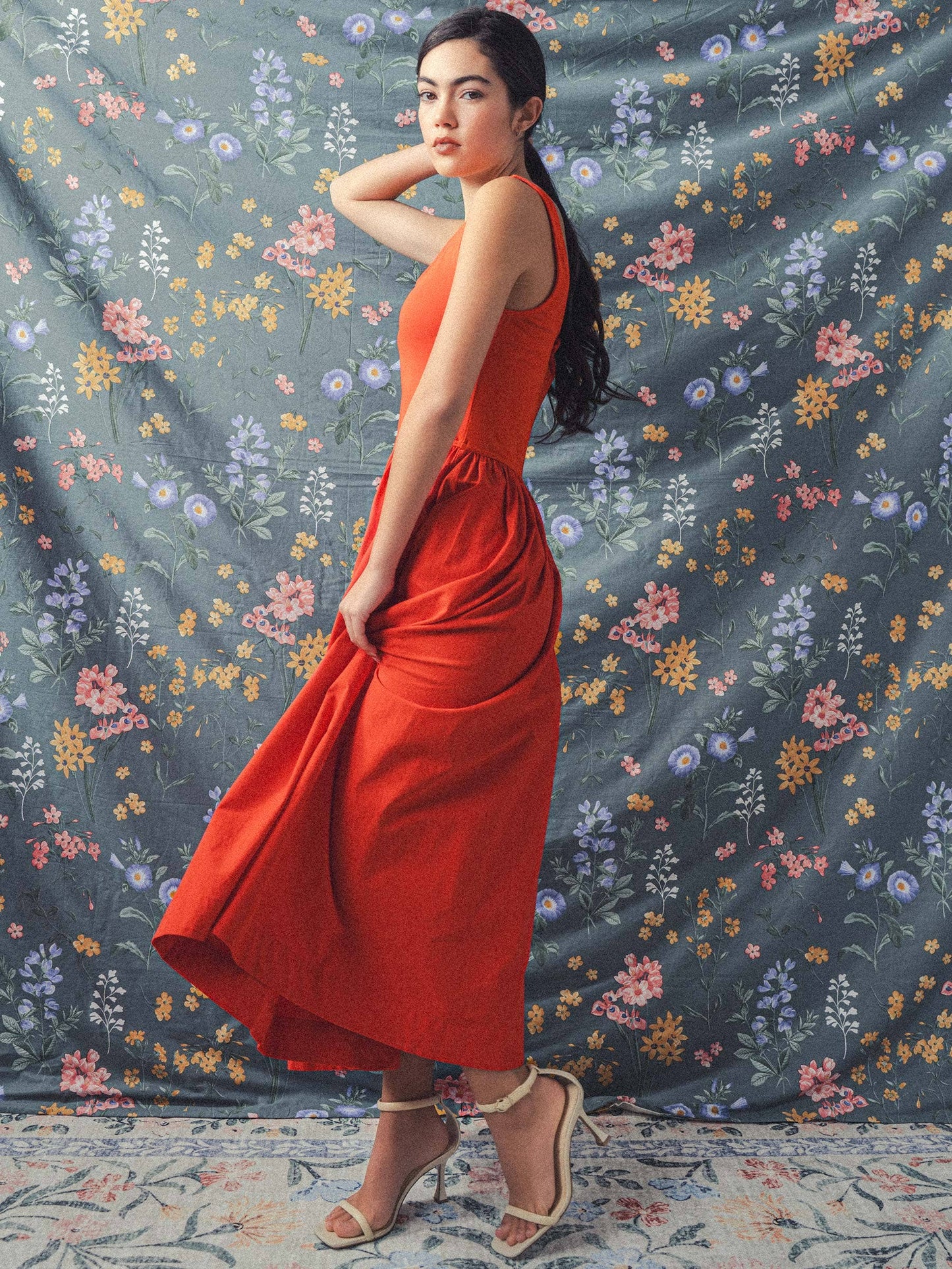 Erica - Square Neck Cotton Blend Gathered Waist Midi Dress