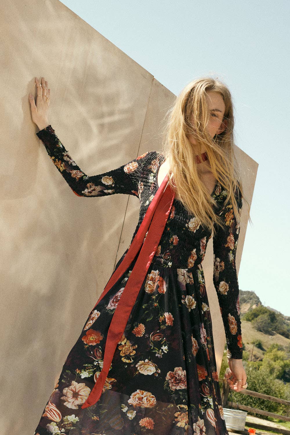 Lydia - Floral-Print Mesh Smocked Long-Sleeve Maxi Dress