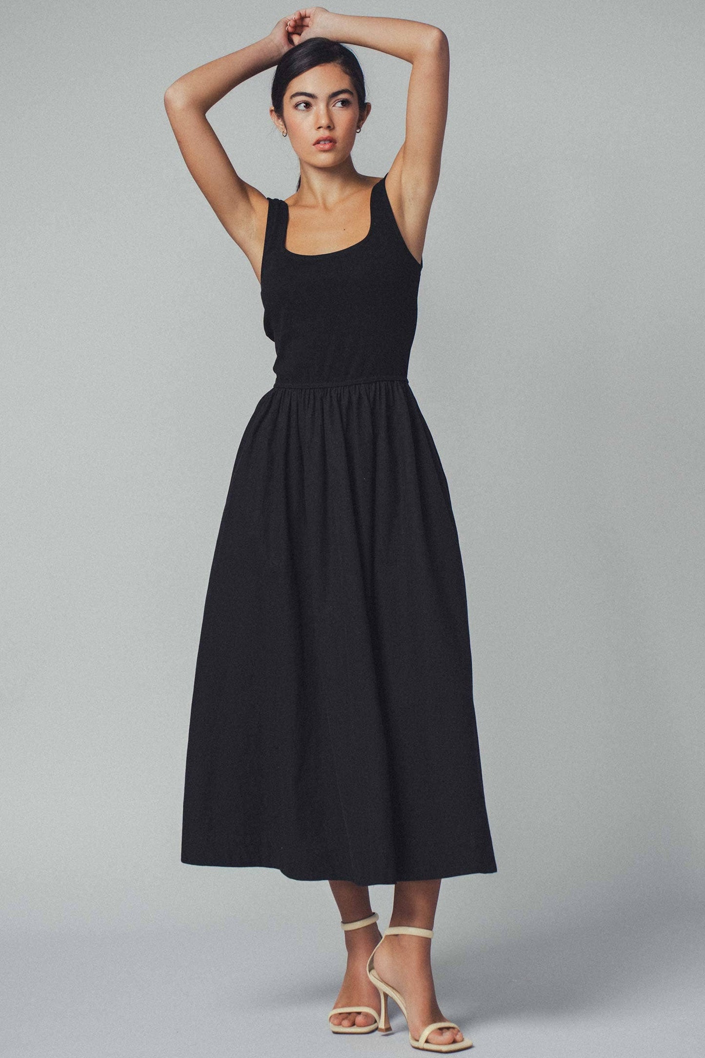 Erica - Square Neck Cotton Blend Gathered Waist Midi Dress