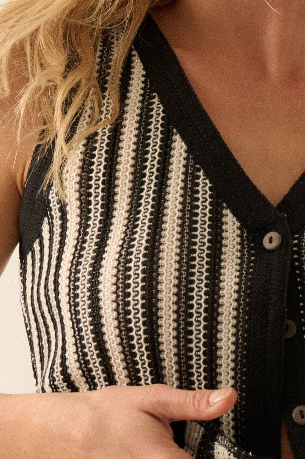 Sandra Striped Crochet-Knit Button-Front Cropped Vest Top