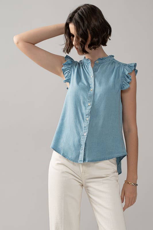 Felicia - Flutter Sleeve Pearl Button Ruffle Trim Tencel Denim Top