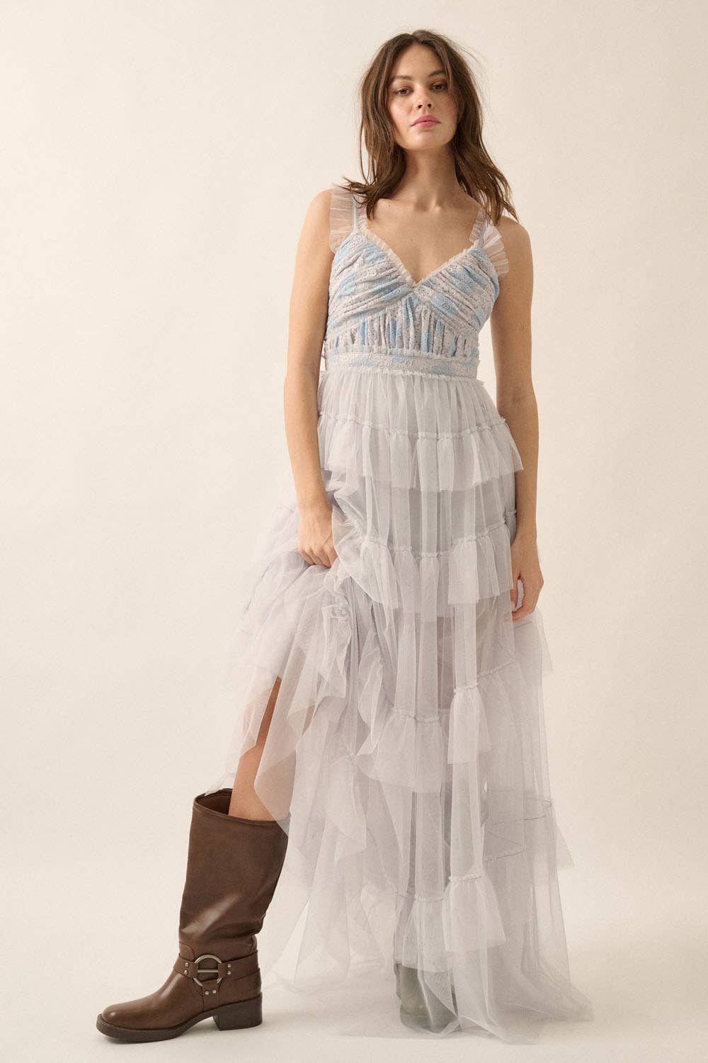 Frida - Floral Lace and Tulle Tiered Ruffle Maxi Dress