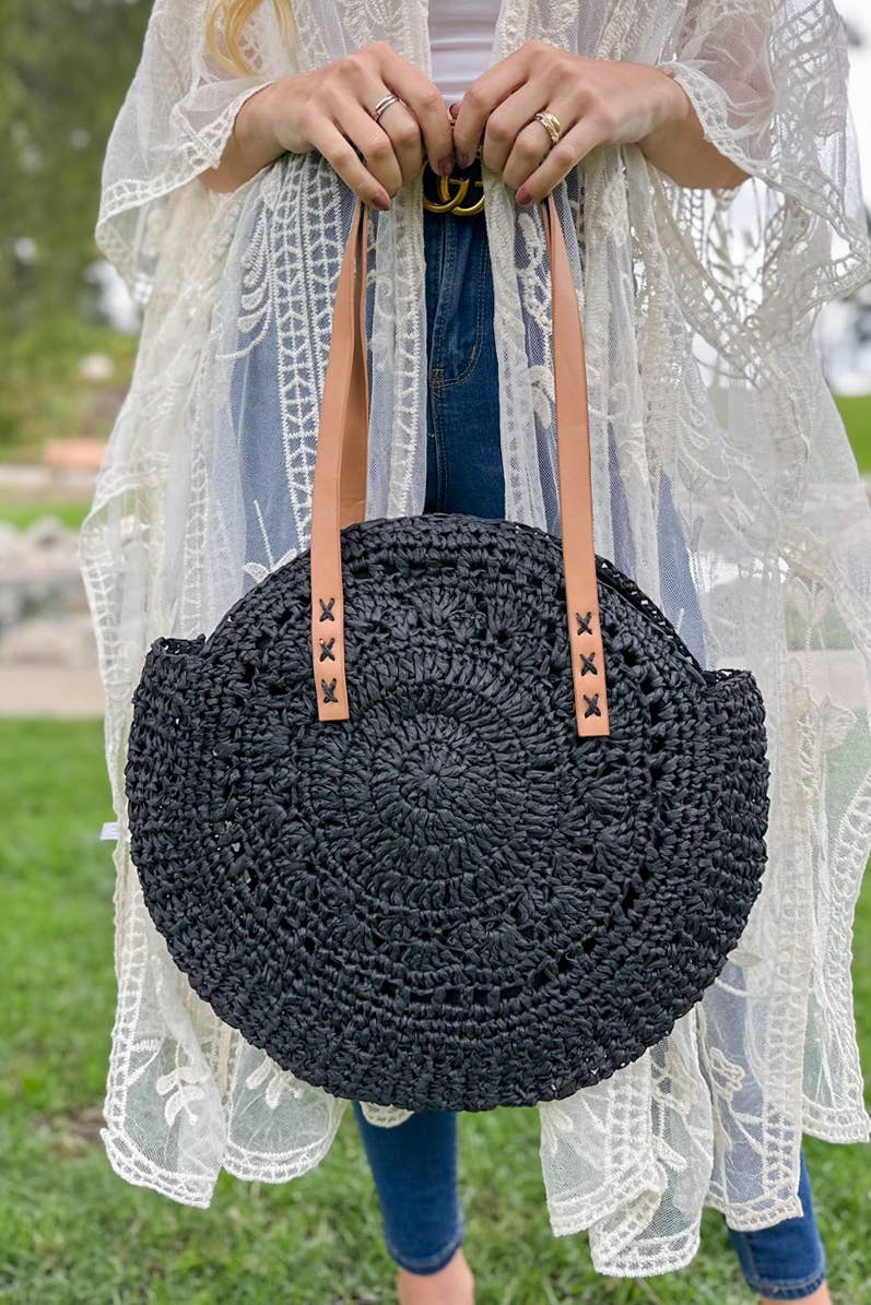 Black Summer Straw Natural Beach Casual Lightweight Tote Bag
