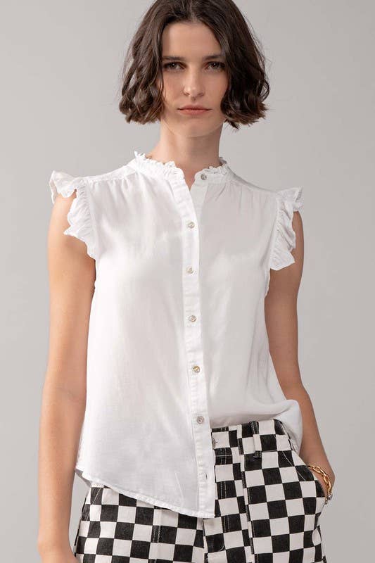 Felicia - Flutter Sleeve Pearl Button Ruffle Trim Tencel Denim Top