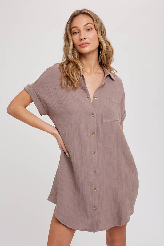BUTTON UP SHIRT DRESS WITH POCKET - Bluivy