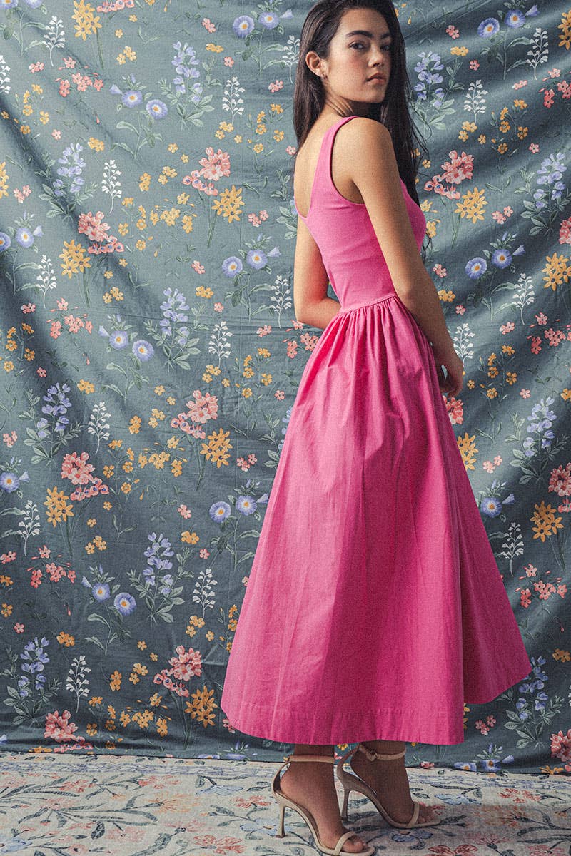 Erica - Square Neck Cotton Blend Gathered Waist Midi Dress
