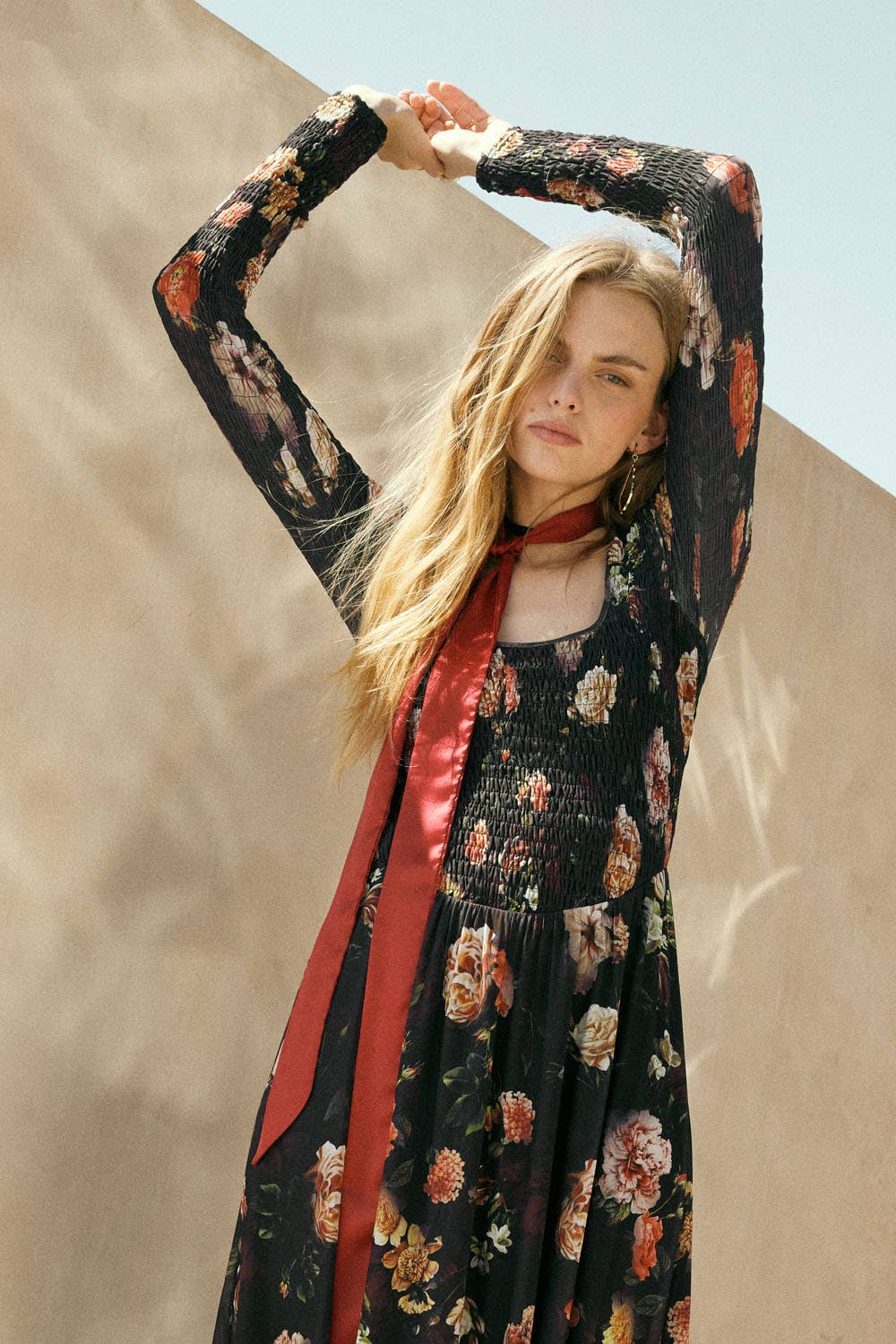 Lydia - Floral-Print Mesh Smocked Long-Sleeve Maxi Dress