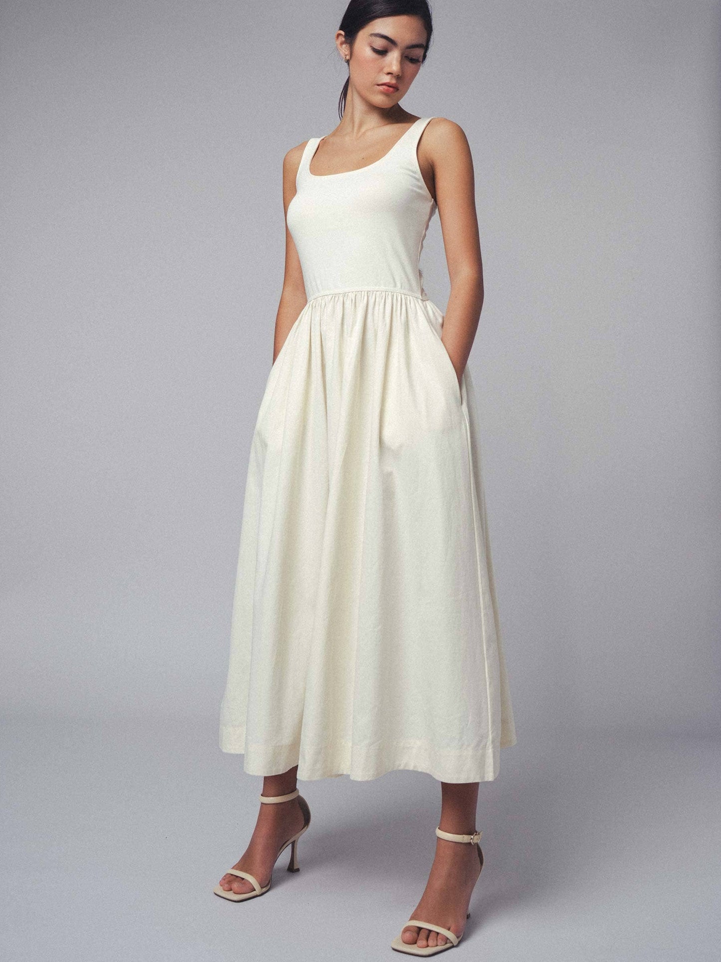 Erica - Square Neck Cotton Blend Gathered Waist Midi Dress