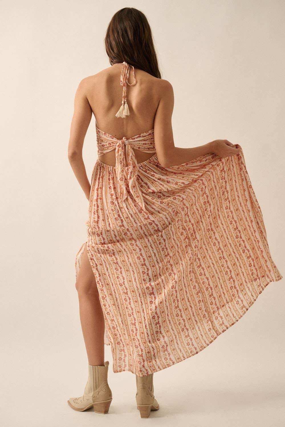 Gigi Floral-Stripe Tie-Back Maxi Halter Dress