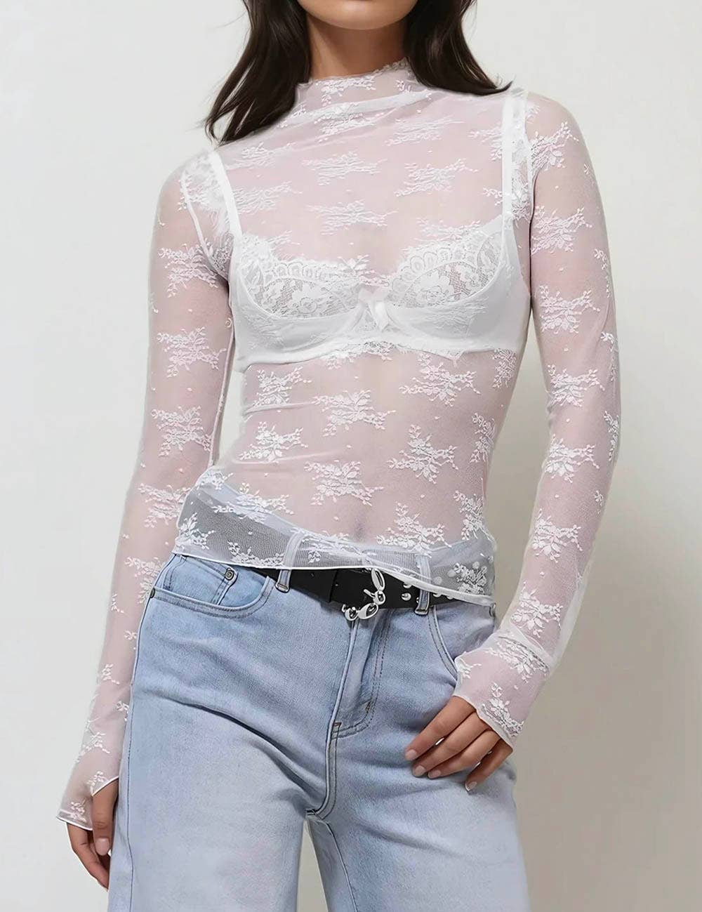 Lux Layering Floral Lace See Through Mesh Top Blouse