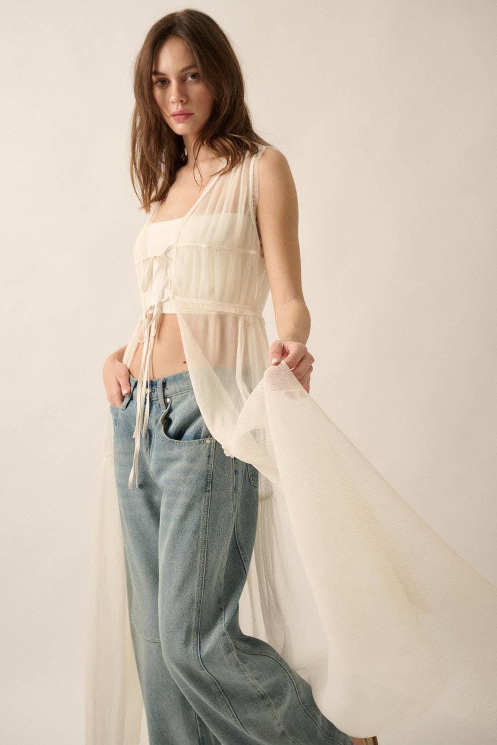 Beth Sheer Tulle Ruffled Tie-Front Layering Maxi Top