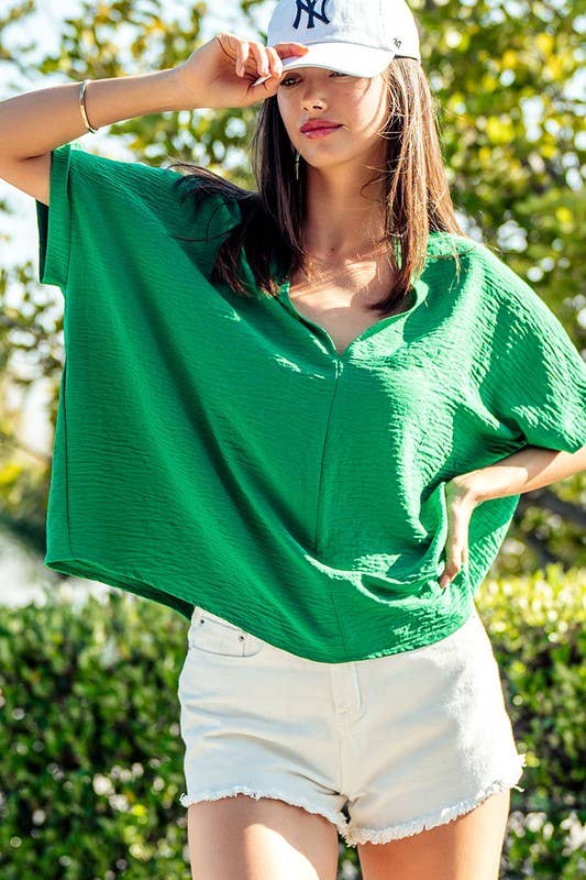 Olivia V-Neck Folded Short Sleeve Top-GD