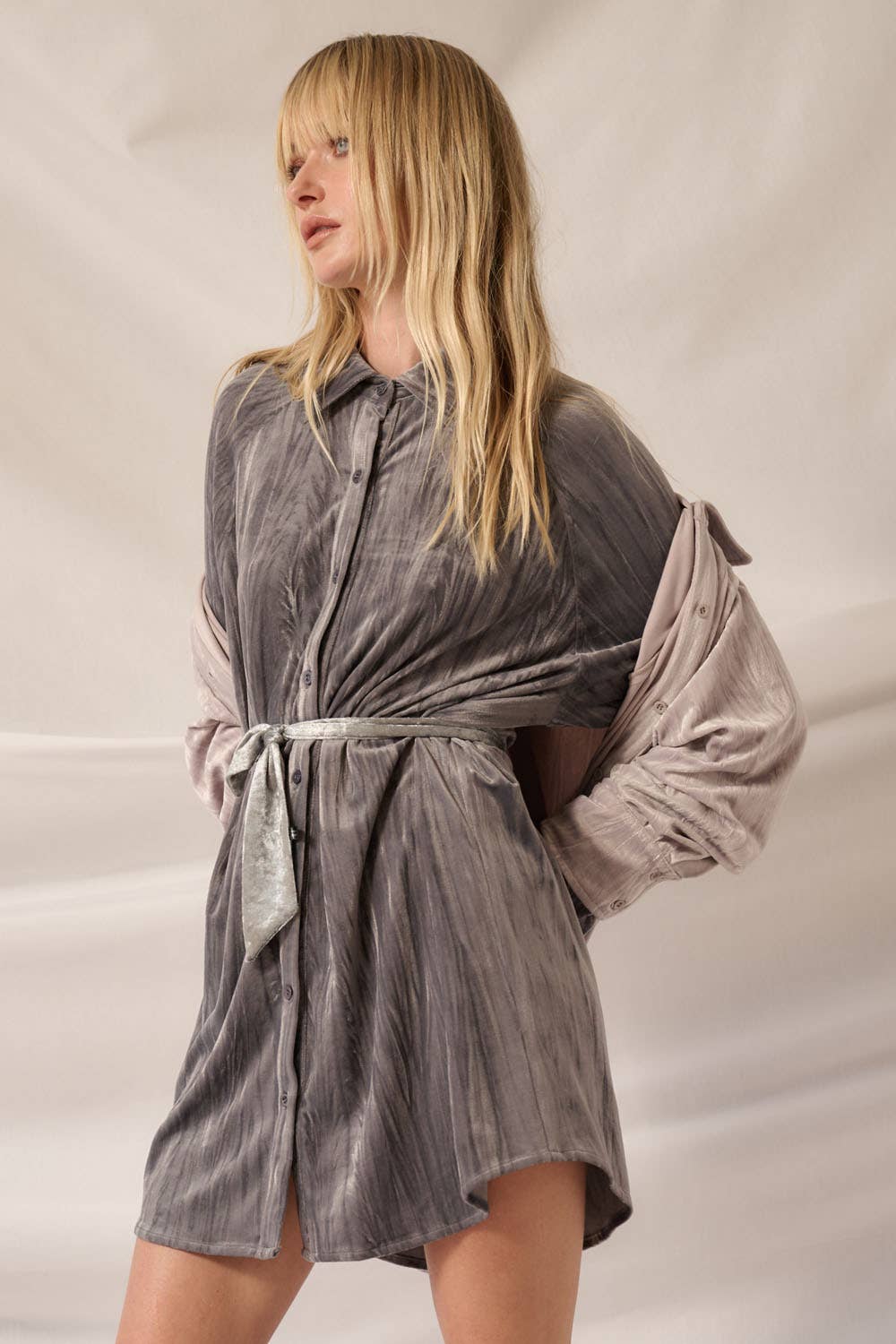 Maizy - Metallic Crinkle Velvet Button-Up Mini Shirt Dress