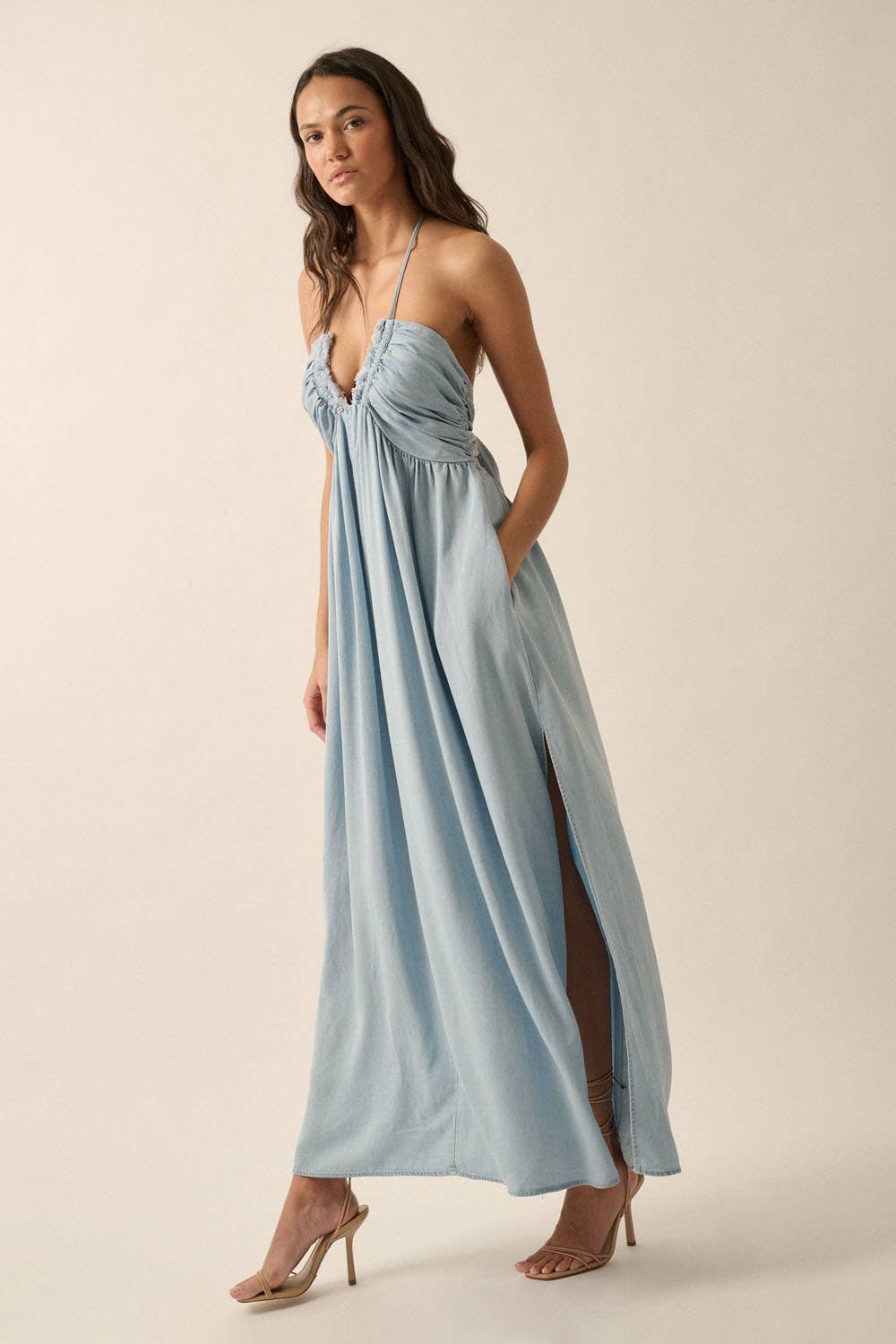 Penny - Plunging Halter-Neck Solid Denim Maxi Dress