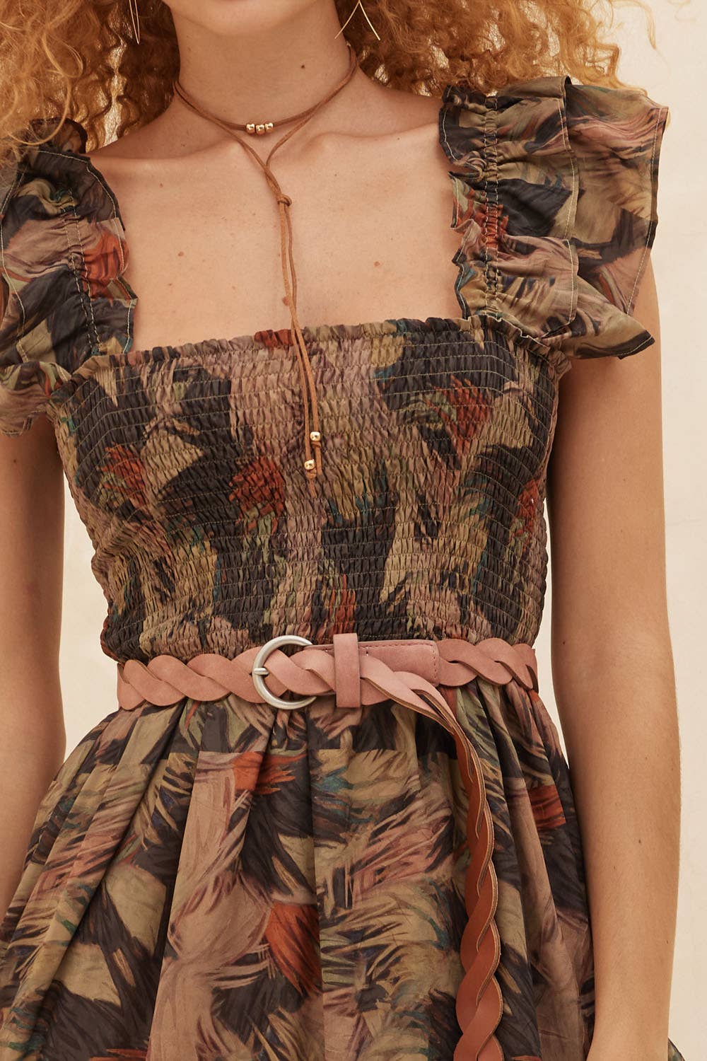 Elaine Abstract-Print Smocked Ruffle Midi Dress