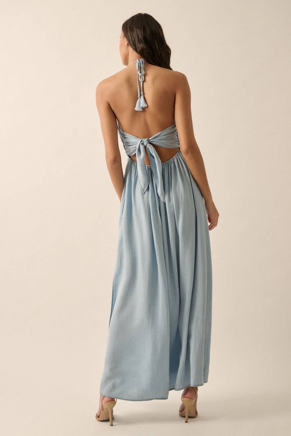 Penny - Plunging Halter-Neck Solid Denim Maxi Dress