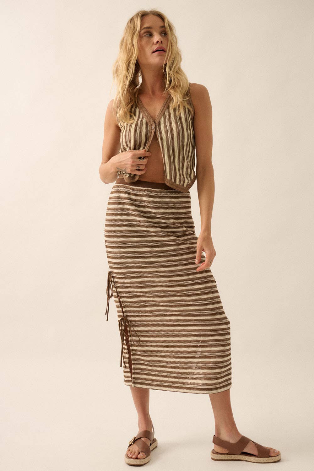 Sandra Striped Crochet-Knit Button-Front Cropped Vest Top