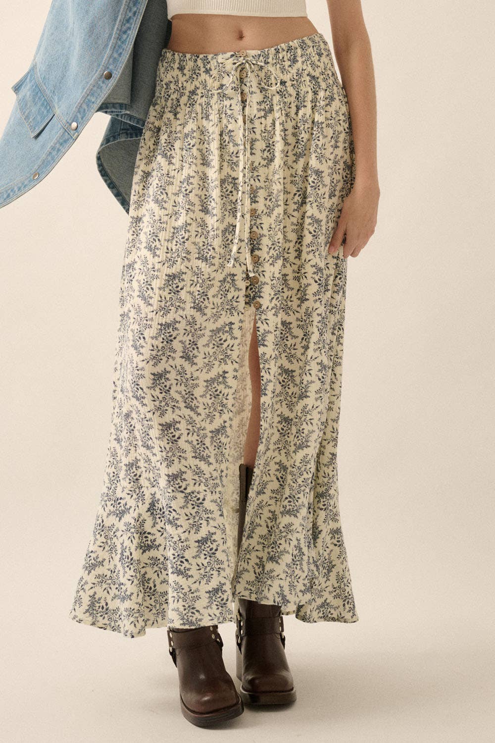 Annabelle- Floral Print Crinkle Cotton Buttoned Maxi Skirt