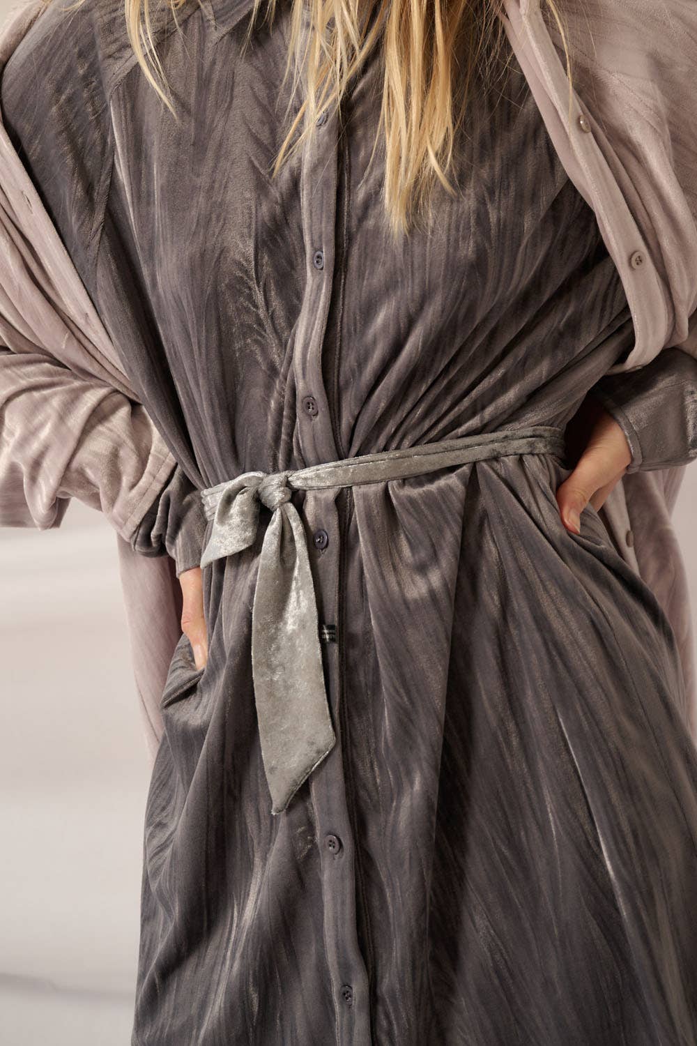 Maizy - Metallic Crinkle Velvet Button-Up Mini Shirt Dress