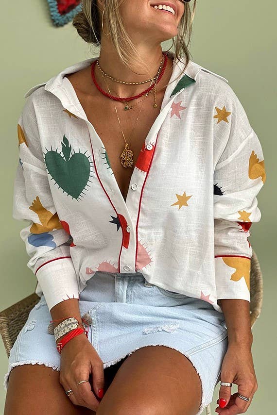 Sunny Print Button Long Sleeve Loose Blouse Rosa