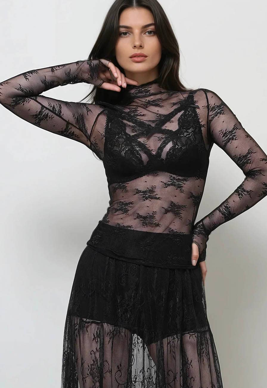 Lux Layering Floral Lace See Through Mesh Top Blouse