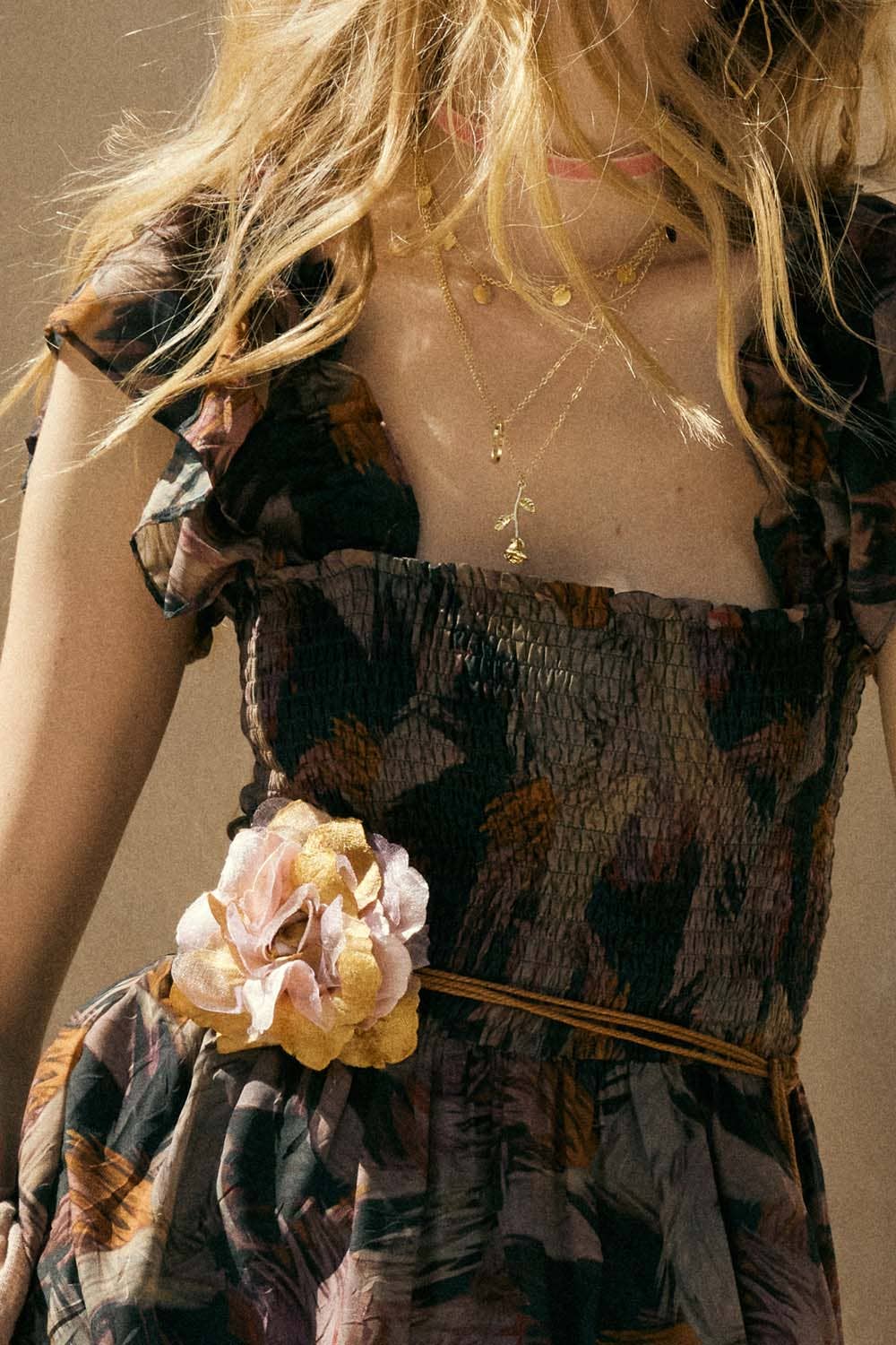 Elaine Abstract-Print Smocked Ruffle Midi Dress