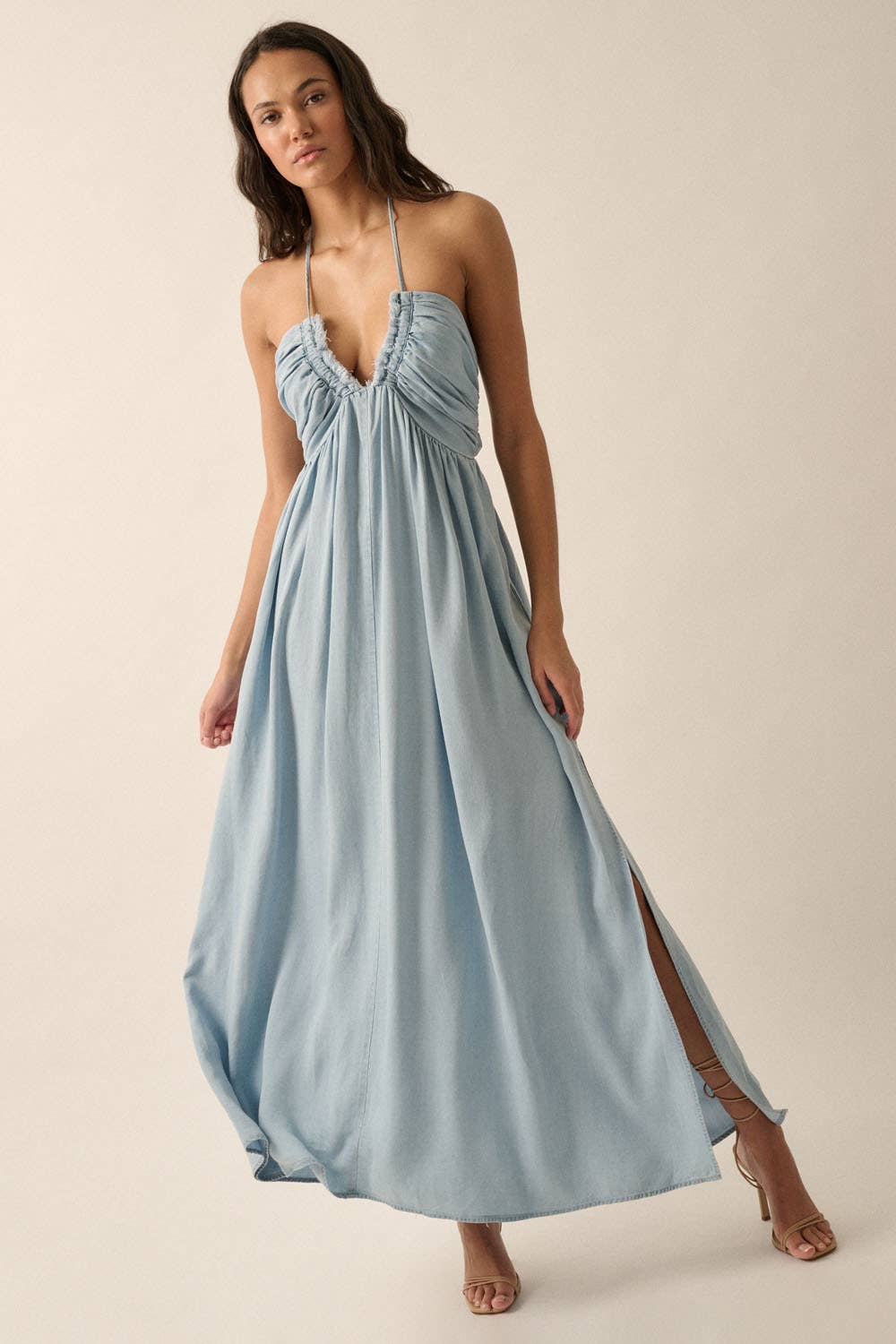 Penny - Plunging Halter-Neck Solid Denim Maxi Dress