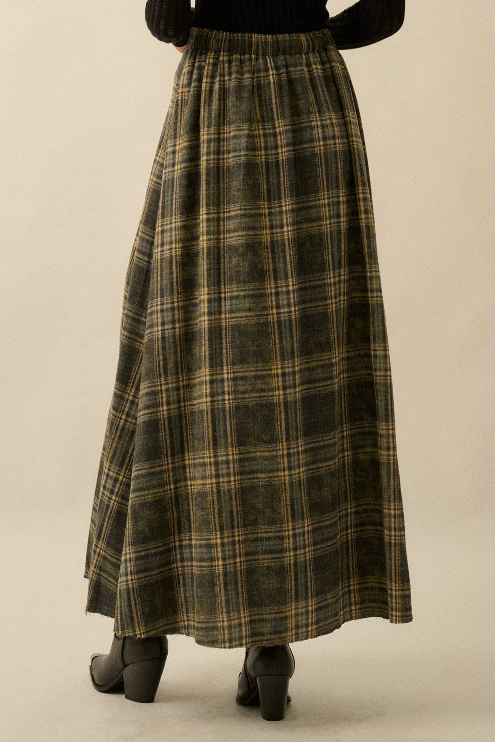 Daisy Plaid Raw Hem Maxi Skirt