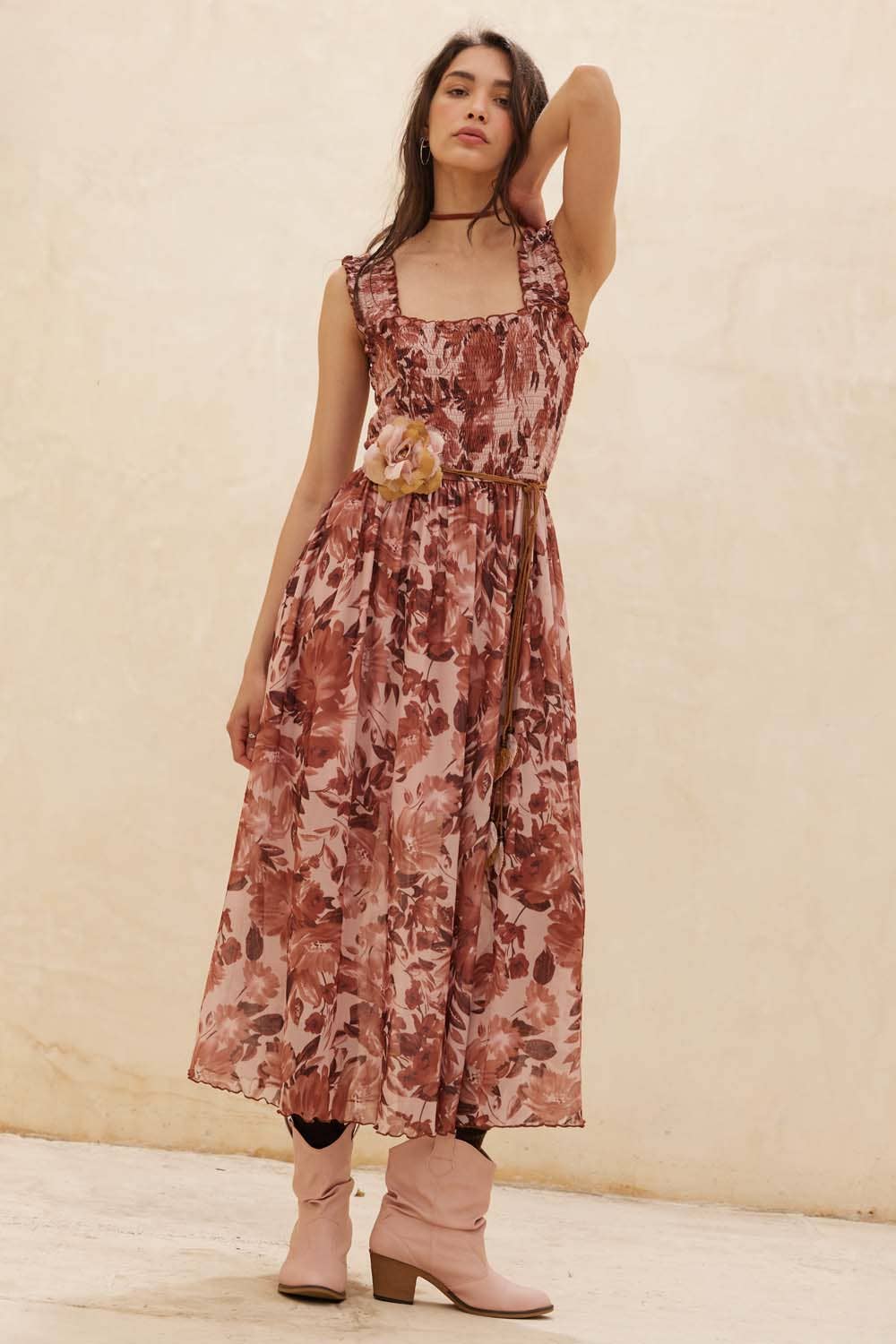 Caroline Floral Mesh Fit-and-Flare Smocked Midi Dress