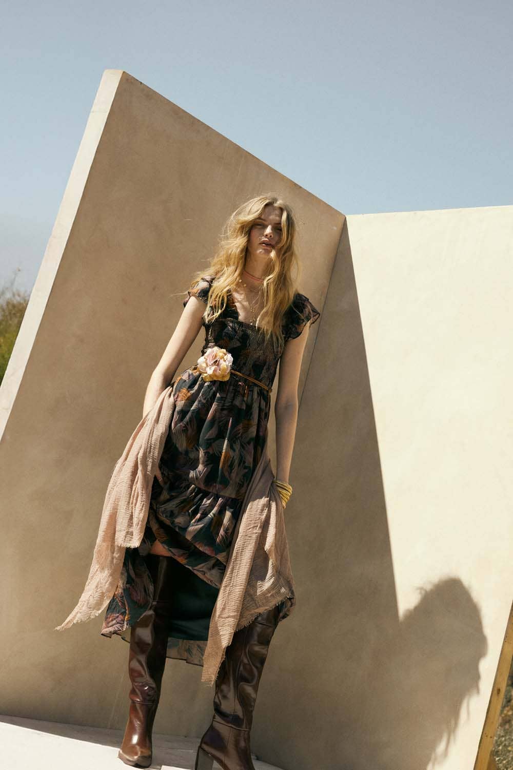 Elaine Abstract-Print Smocked Ruffle Midi Dress