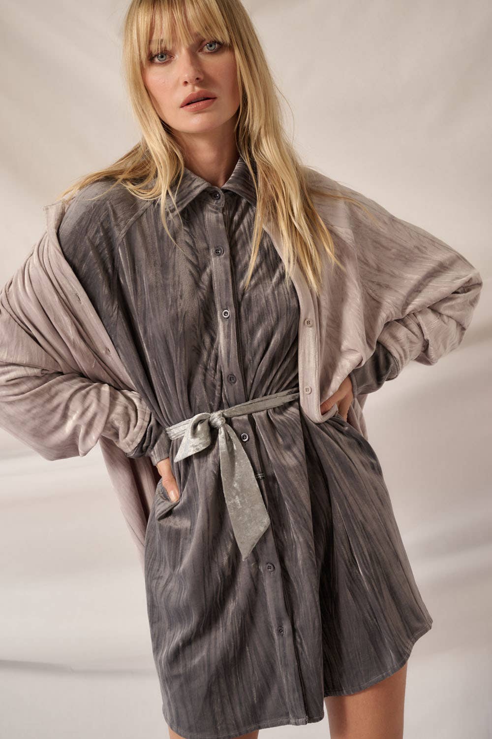 Maizy - Metallic Crinkle Velvet Button-Up Mini Shirt Dress