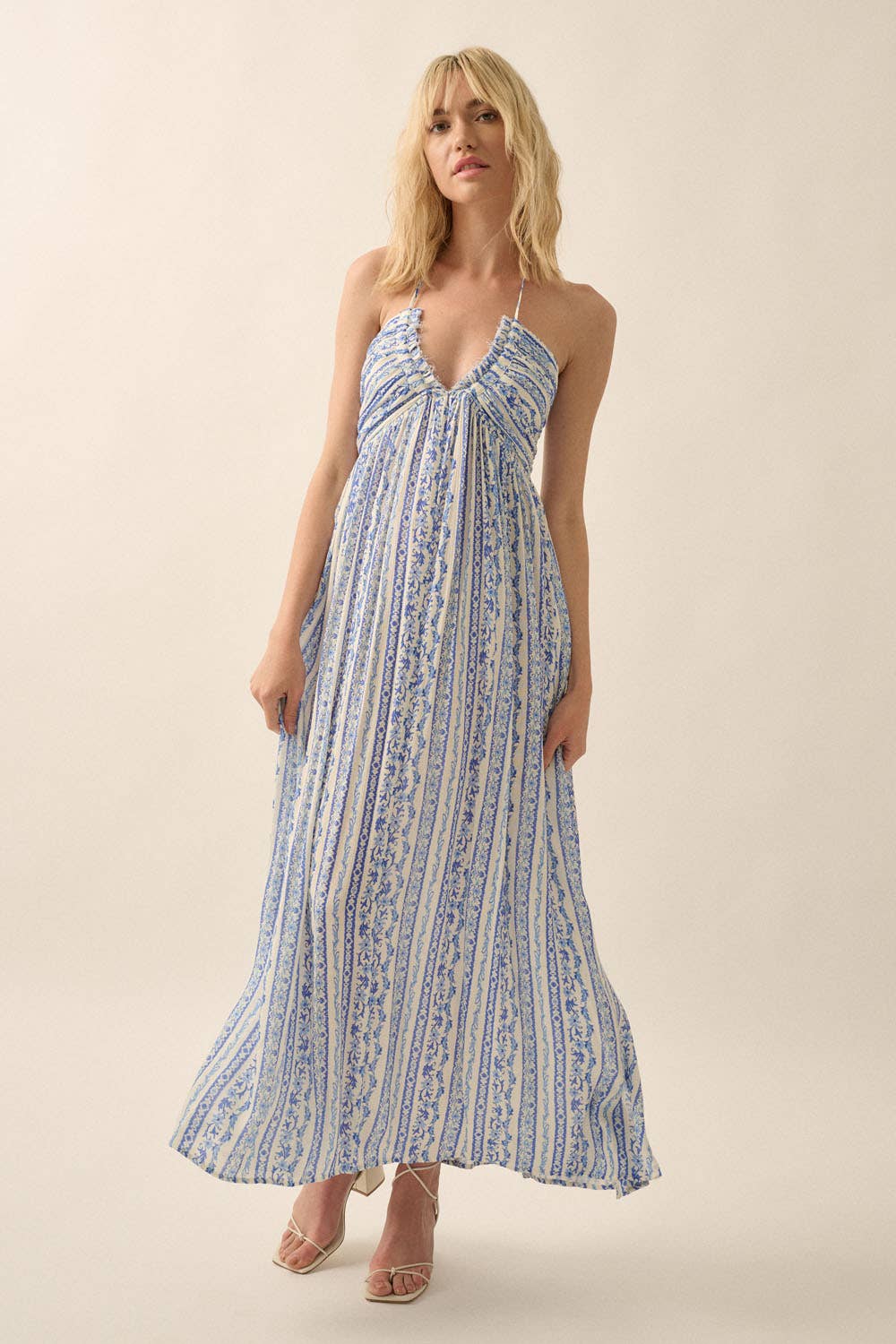 Gigi Floral-Stripe Tie-Back Maxi Halter Dress
