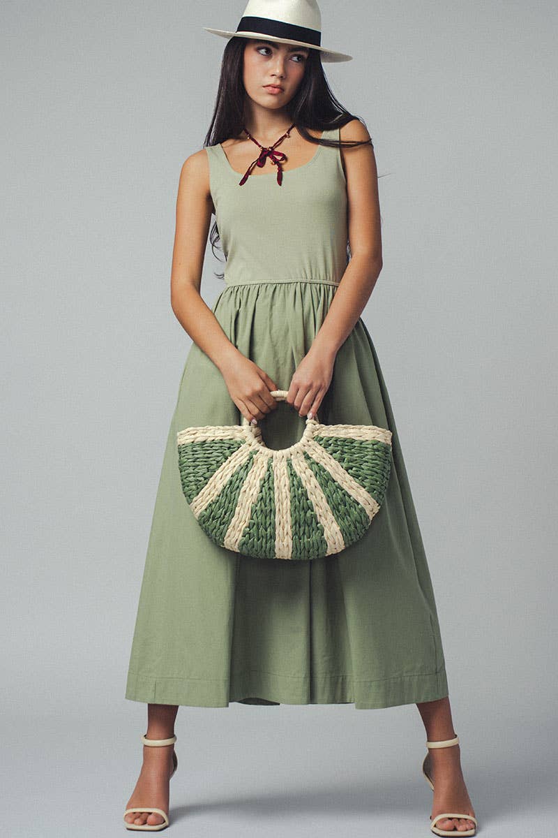 Erica - Square Neck Cotton Blend Gathered Waist Midi Dress