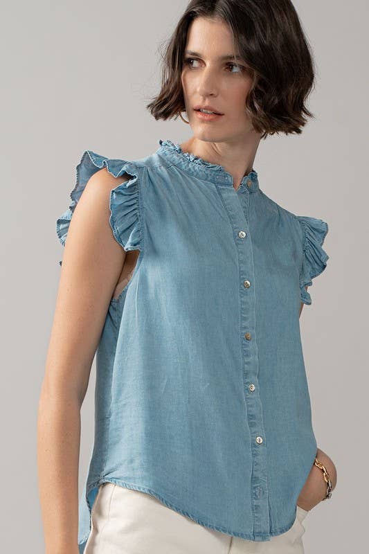 Felicia - Flutter Sleeve Pearl Button Ruffle Trim Tencel Denim Top