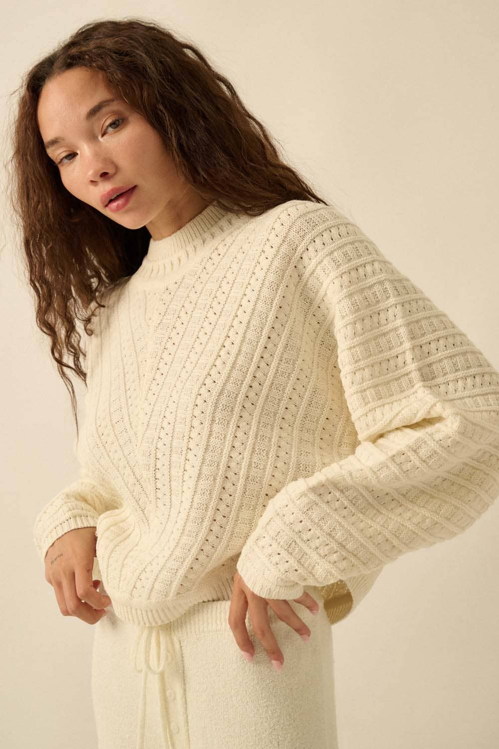Iris - Solid Cable Knit Dolman-Sleeve Sweater