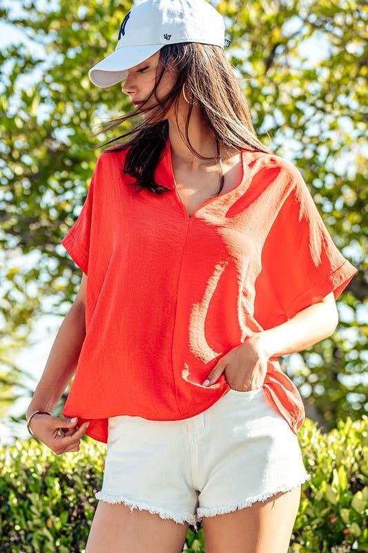Olivia V-Neck Folded Short Sleeve Top-GD