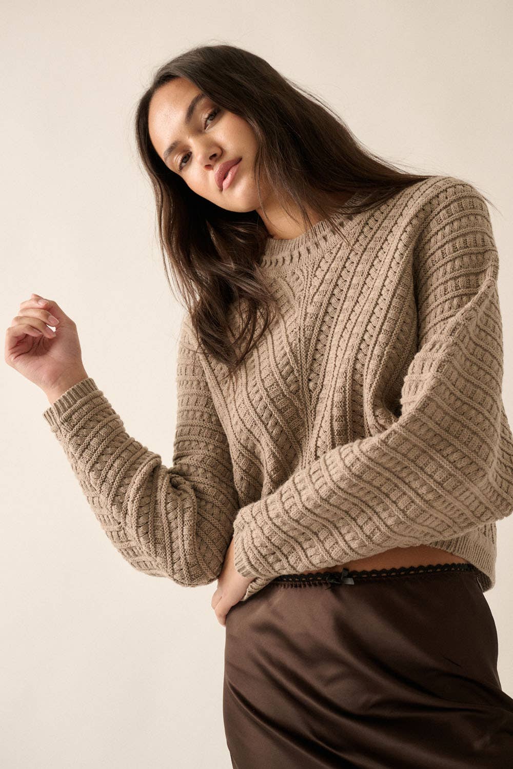 Iris - Solid Cable Knit Dolman-Sleeve Sweater