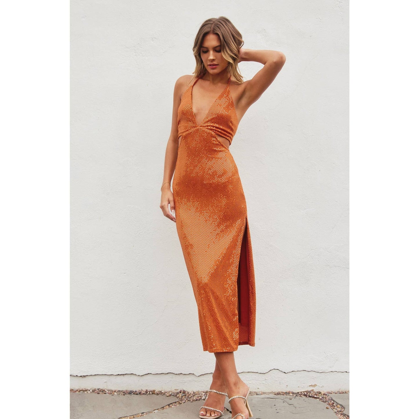 Ophelia - Orange Embellished Halter Neck Cutout Maxi Dress