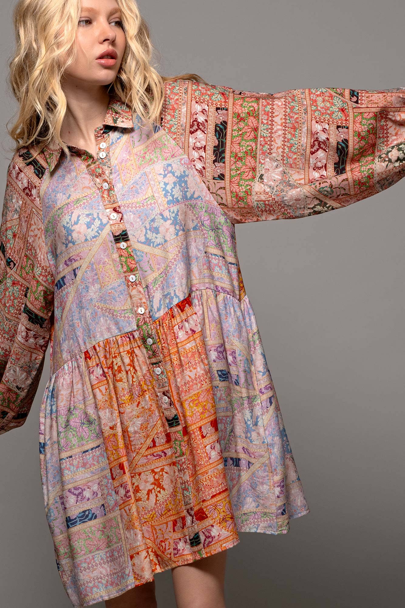 Retro Bohemian Button Down Balloon Sleeve Mini Dress