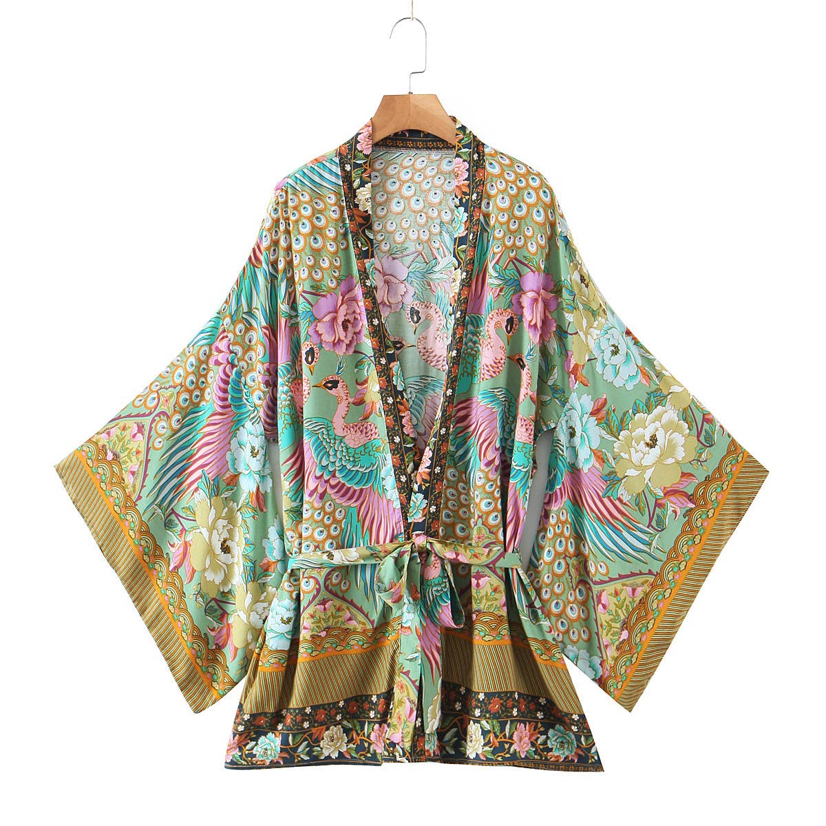 Vivian Vibrant Boho Beach Peacock Print Tie-Waist Kimono