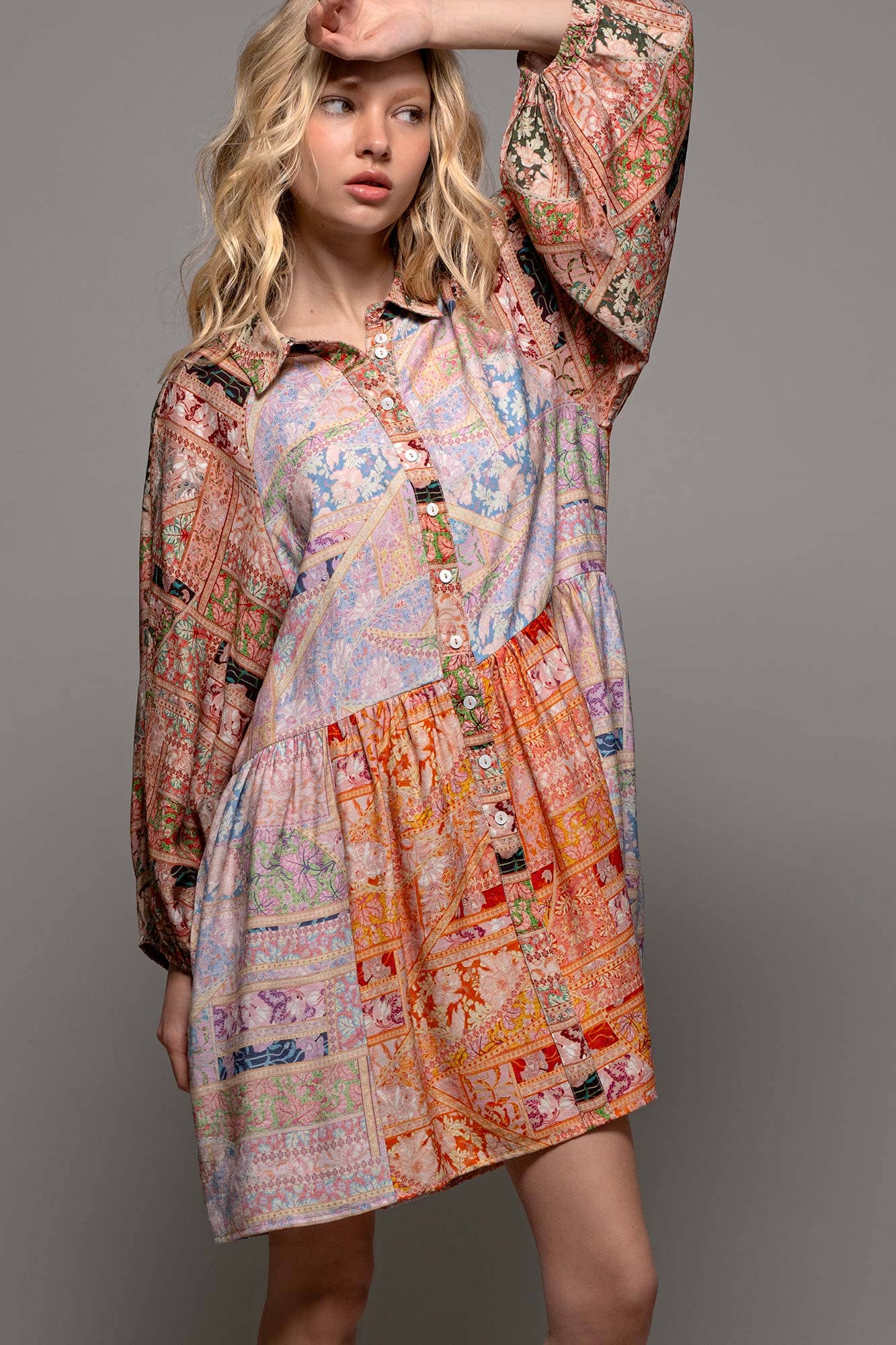 Retro Bohemian Button Down Balloon Sleeve Mini Dress