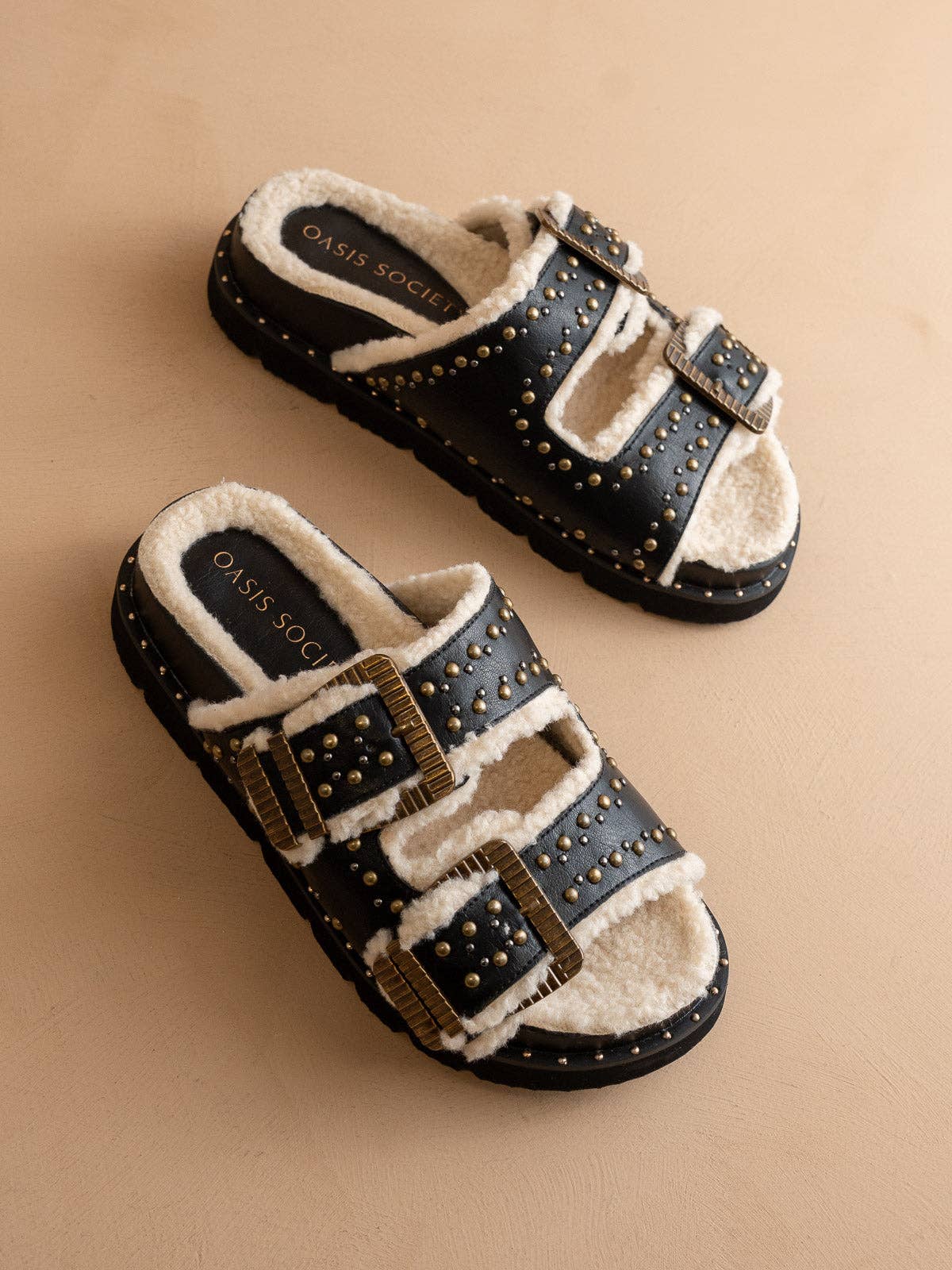 The Gaylen Black Studded Buckle Fleece-Lined Slide