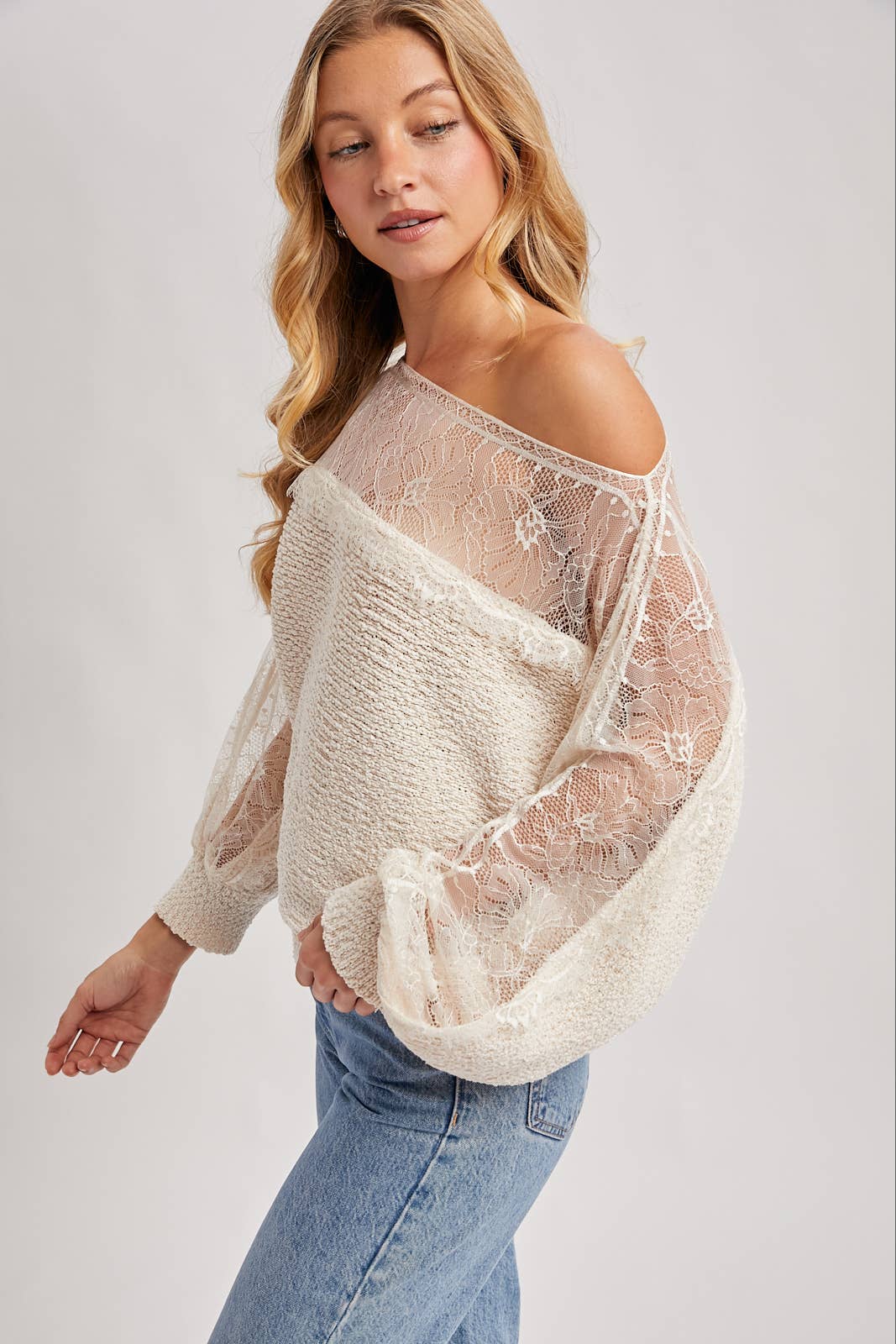 Katie Boat Neck Lace Trimmed Knit Sweater Pullover